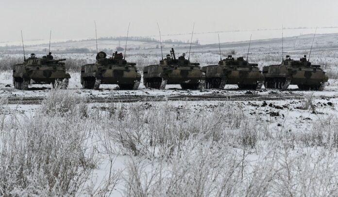 A view shows Russian BMP-3 infantry fighting vehicles