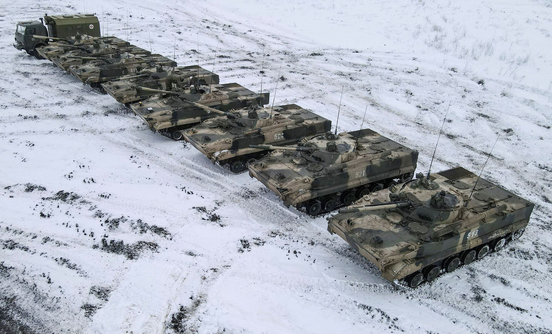 An aerial view shows Russian BMP-3