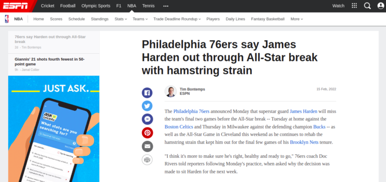 Philadelphia 76ers say James Harden out through All-Star break with hamstring strain