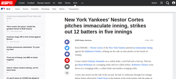 https:/Nestor Cortes pitches immaculate inning/www.espn.in/mlb/story/_/id/33756795/new-york-yankees-nestor-cortes-pitches-immaculate-inning-strikes-12-batters-five-innings