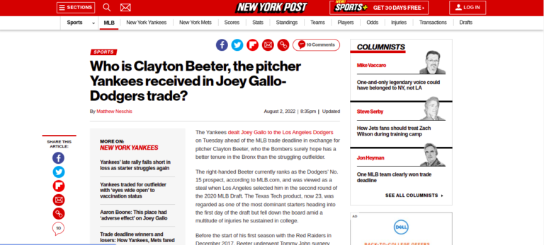 Who is Clayton Beeter, the pitcher Yankees received in Joey Gallo-Dodgers trade?