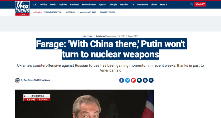 Farage: ‘With China there,’ Putin won’t turn to nuclear weapons