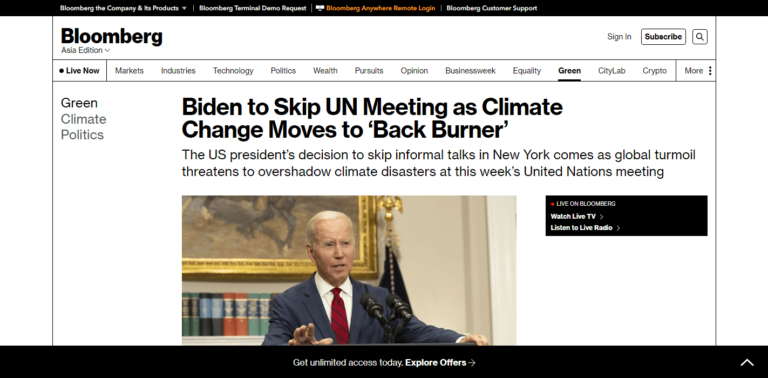 Biden to Skip UN Meeting as Climate Change Moves to ‘Back Burner’