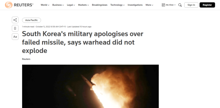 South Korea’s military apologises over failed missile, says warhead did not explode