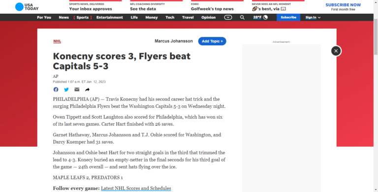 Konecny scores 3, Flyers beat Capitals 5-3