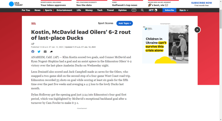 Kostin, McDavid lead Oilers’ 6-2 rout of last-place Ducks