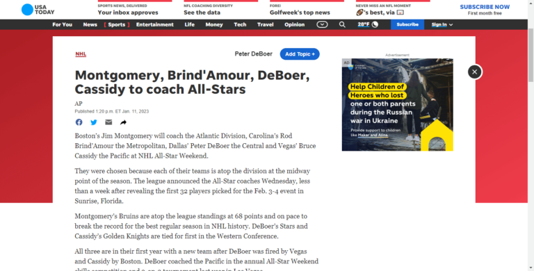 Montgomery, Brind’Amour, DeBoer, Cassidy to coach All-Stars