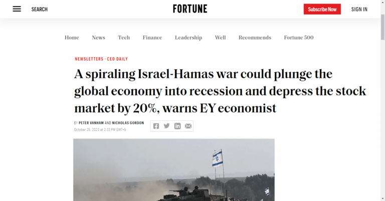 A spiraling Israel-Hamas war could plunge the global economy into recession and depress the stock market by 20%, warns EY economist