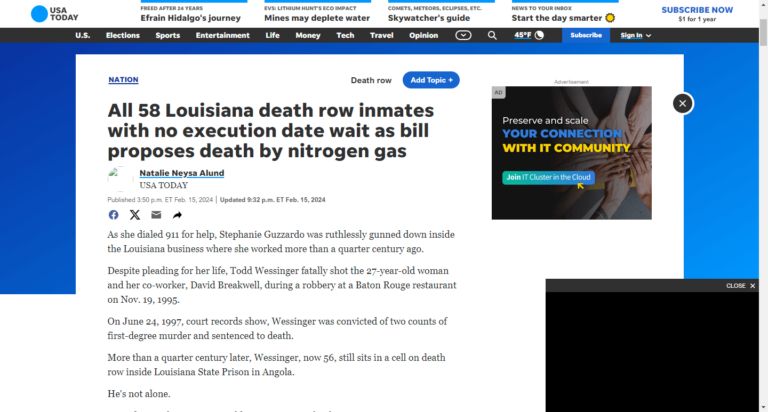 All 58 Louisiana death row inmates with no execution date wait as bill proposes death by nitrogen gas