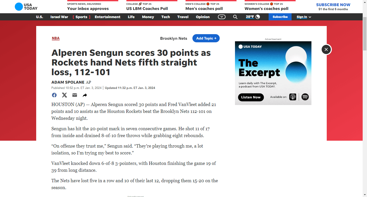 Alperen Sengun scores 30 points as Rockets hand Nets fifth straight loss, 112-101