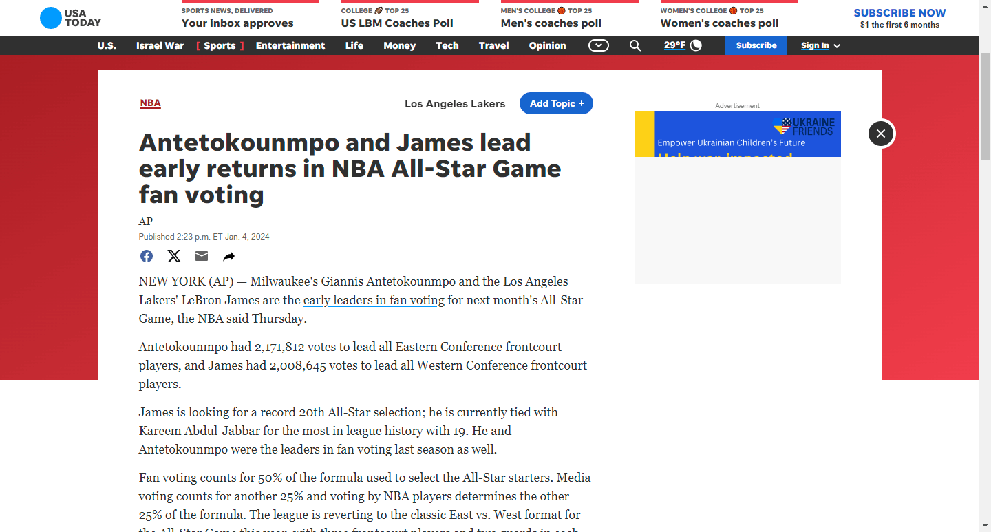 Antetokounmpo and James lead early returns in NBA All-Star Game fan voting