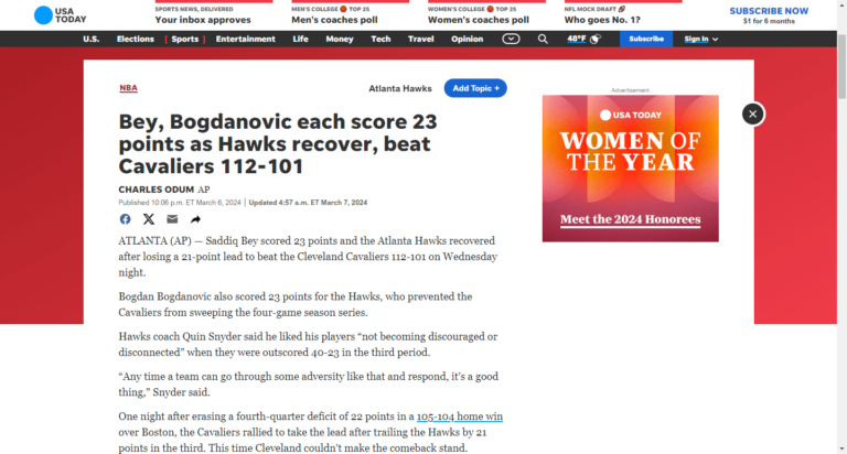 Bey, Bogdanovic each score 23 points as Hawks recover, beat Cavaliers 112-101
