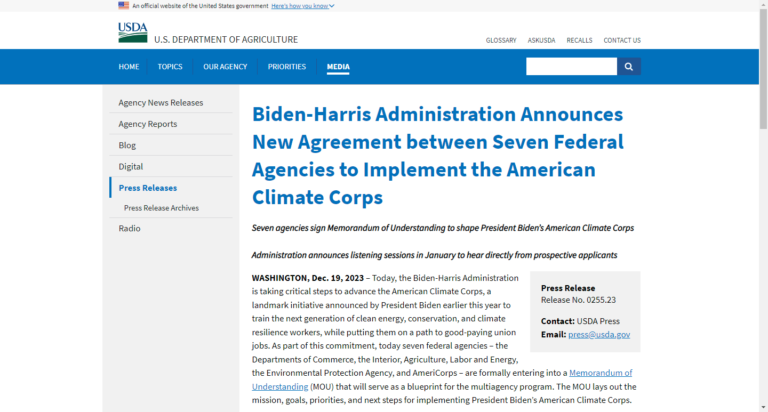 Biden-Harris Administration Announces New Agreement between Seven Federal Agencies to Implement the American Climate Corps