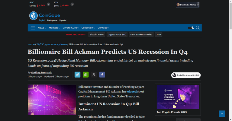 Billionaire Bill Ackman Predicts US Recession In Q4