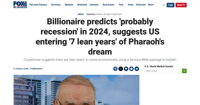 Billionaire predicts ‘probably recession’ in 2024, suggests US entering ‘7 lean years’ of Pharaoh’s dream