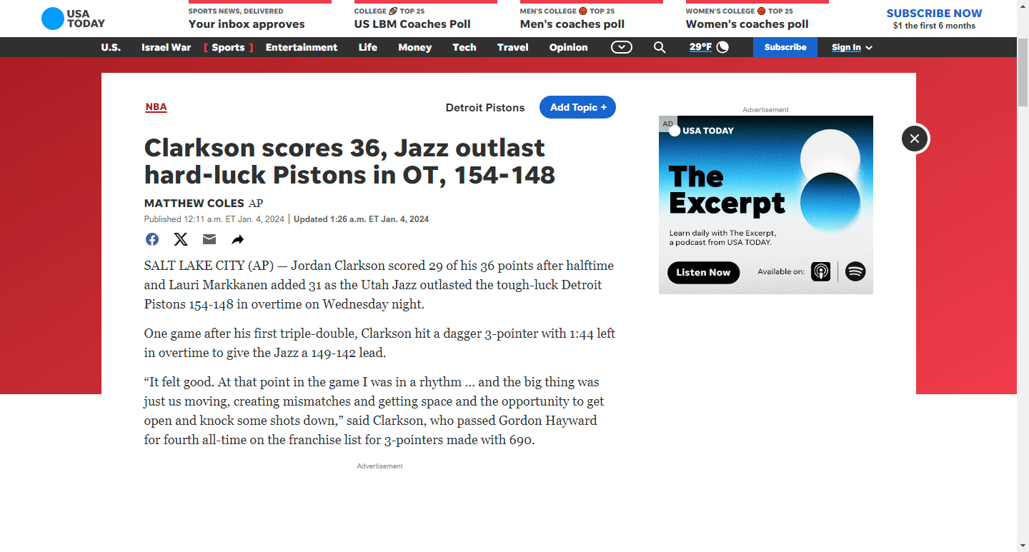 Clarkson scores 36, Jazz outlast hard-luck Pistons in OT, 154-148