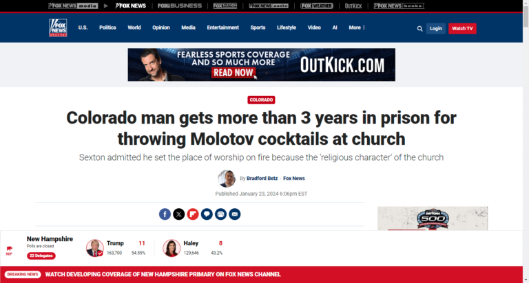 Colorado man gets more than 3 years in prison for throwing Molotov cocktails at church
