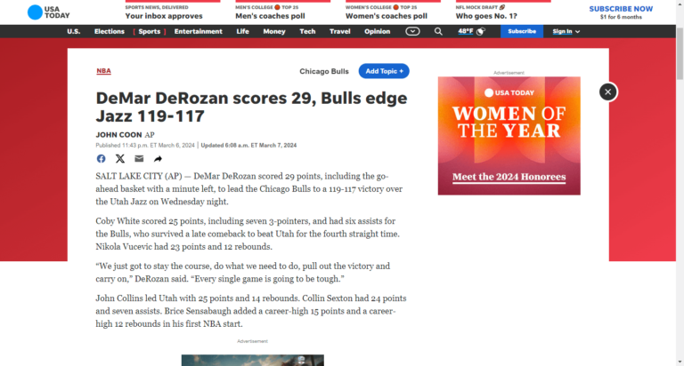 DeMar DeRozan scores 29, Bulls edge Jazz 119-117