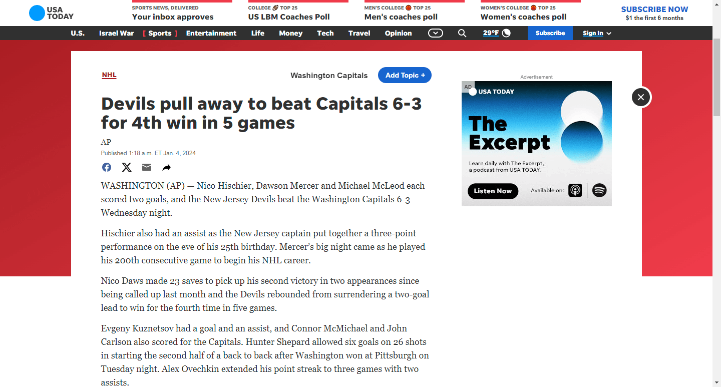 Devils pull away to beat Capitals 6-3 for 4th win in 5 games