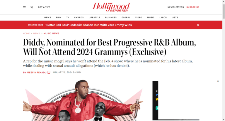Diddy, Nominated for Best Progressive R&B Album, Will Not Attend 2024 Grammys (Exclusive)