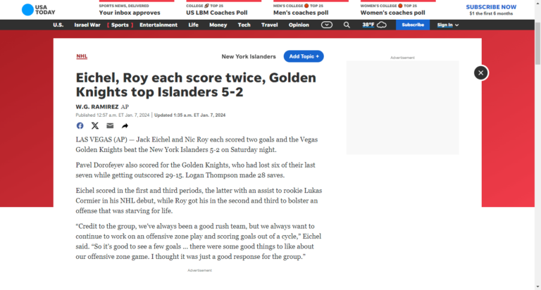 Eichel, Roy each score twice, Golden Knights top Islanders 5-2