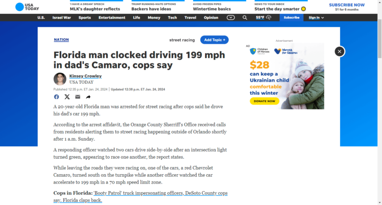 Florida man clocked driving 199 mph in dad’s Camaro, cops say