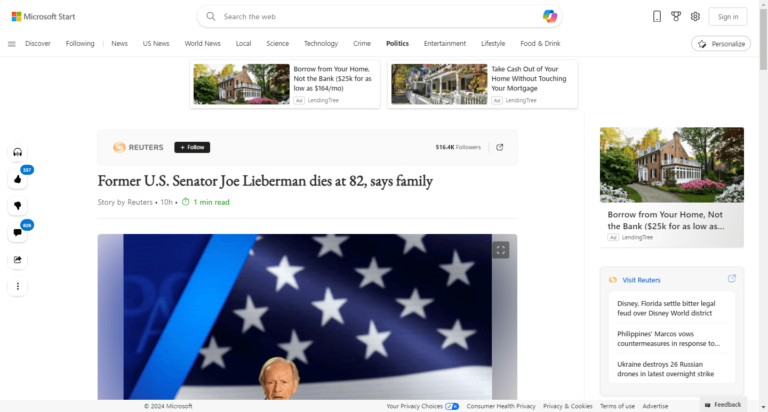 Former U.S. Senator Joe Lieberman dies at 82, says family