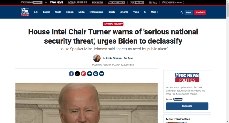 House Intel Chair Turner warns of ‘serious national security threat,’ urges Biden to declassify