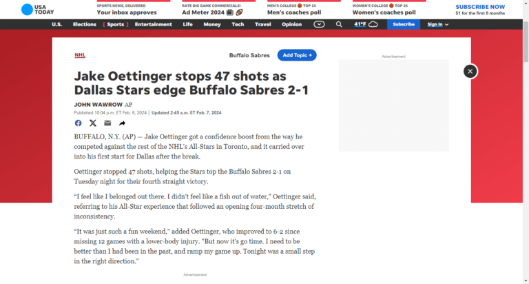 Jake Oettinger stops 47 shots as Dallas Stars edge Buffalo Sabres 2-1