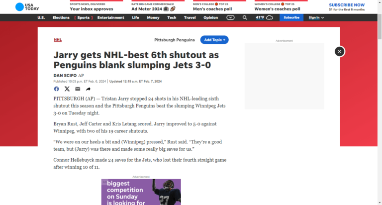 Jarry gets NHL-best 6th shutout as Penguins blank slumping Jets 3-0