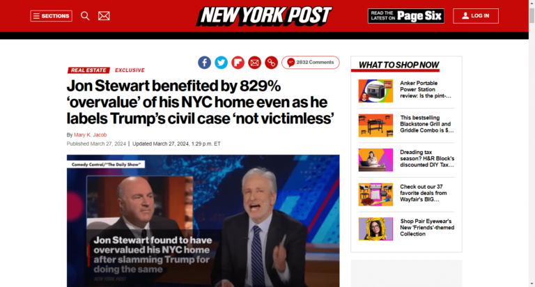 Jon Stewart benefited by 829% ‘overvalue’ of his NYC home even as he labels Trump’s civil case ‘not victimless’