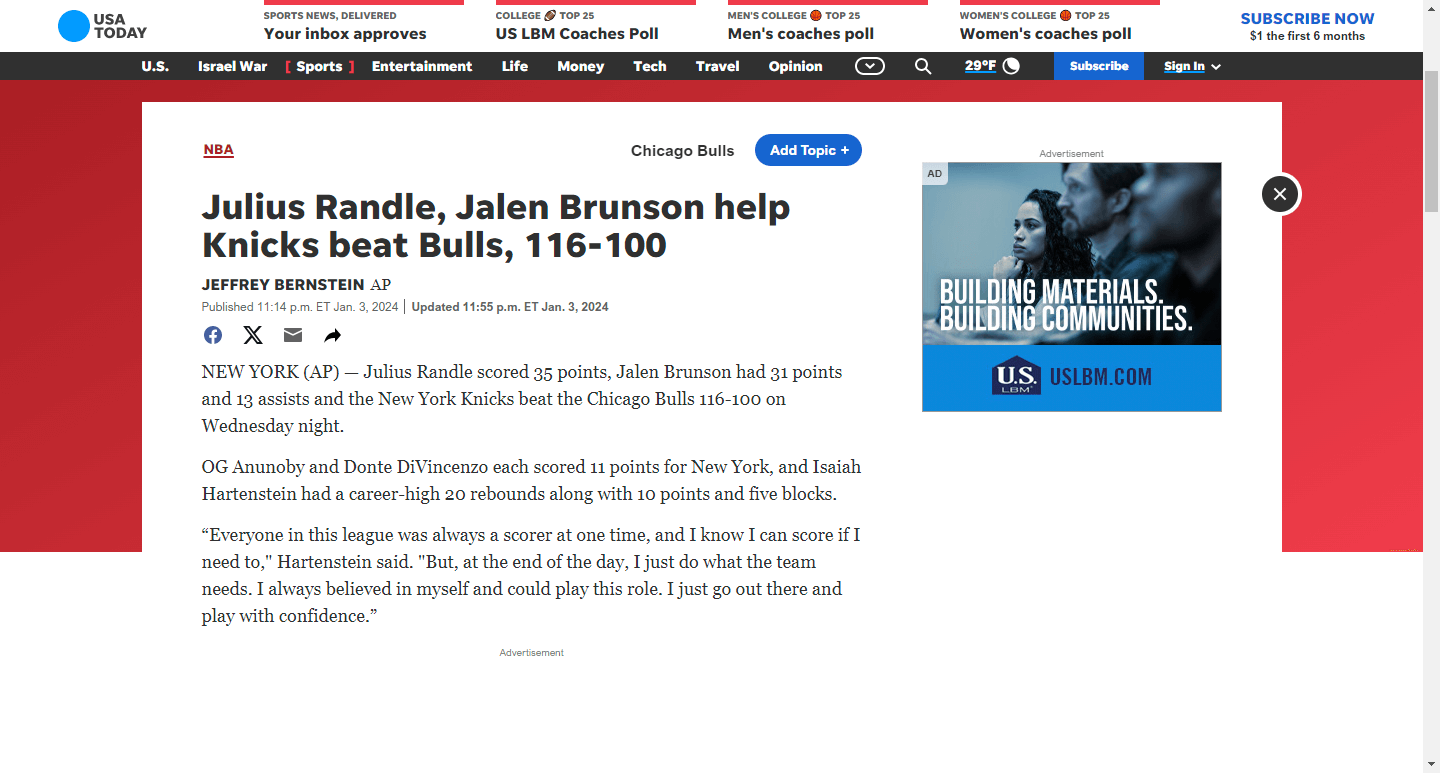 Julius Randle, Jalen Brunson help Knicks beat Bulls, 116-100