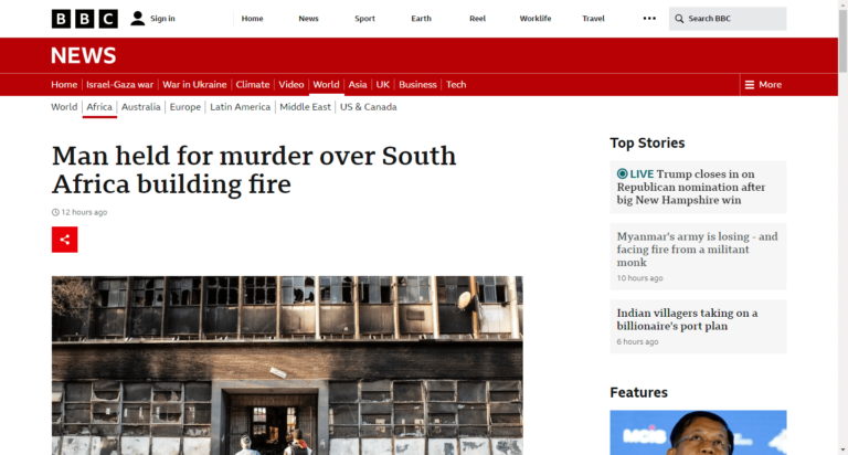 Man held for murder over South Africa building fire
