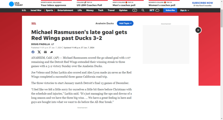 Michael Rasmussen’s late goal gets Red Wings past Ducks 3-2