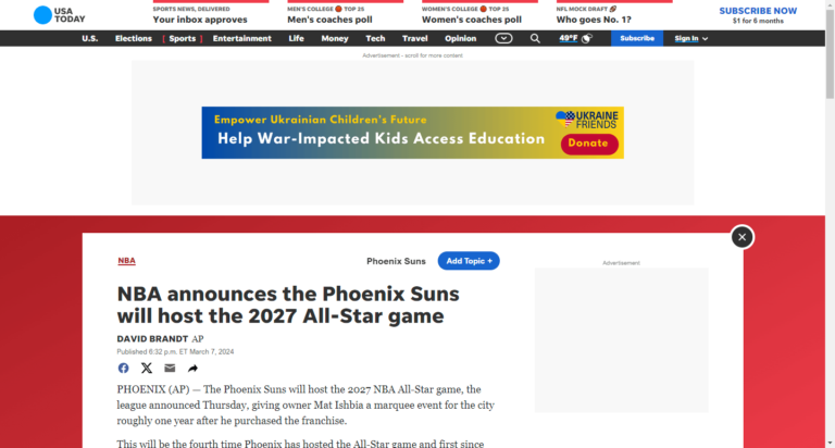 NBA announces the Phoenix Suns will host the 2027 All-Star game