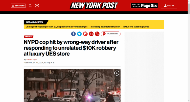 NYPD cop hit by wrong-way driver after responding to unrelated $10K robbery at luxury UES store