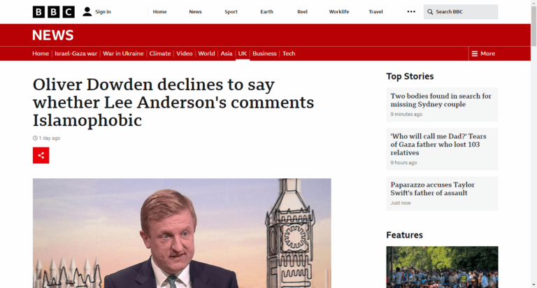 Oliver Dowden declines to say whether Lee Anderson’s comments Islamophobic