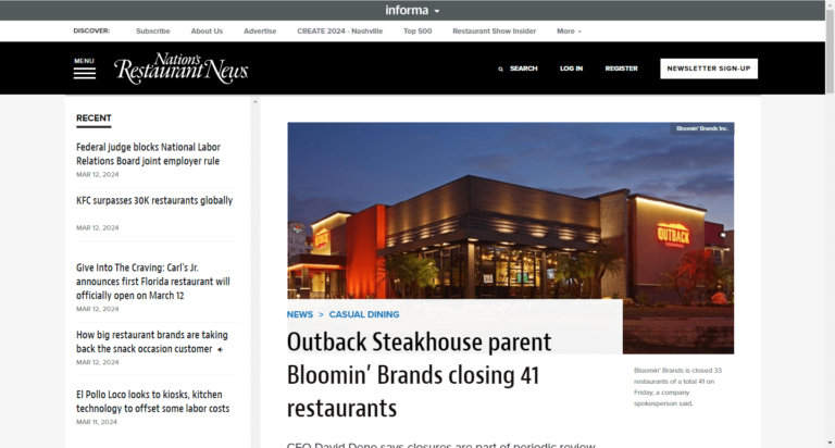 Outback Steakhouse parent Bloomin’ Brands closing 41 restaurants