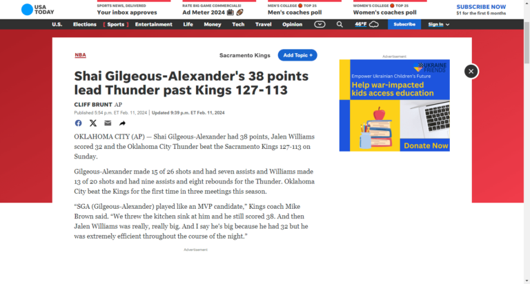Shai Gilgeous-Alexander’s 38 points lead Thunder past Kings 127-113
