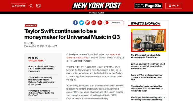 Taylor Swift continues to be a moneymaker for Universal Music in Q3
