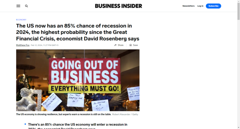 The US now has an 85% chance of recession in 2024, the highest probability since the Great Financial Crisis, economist David Rosenberg says