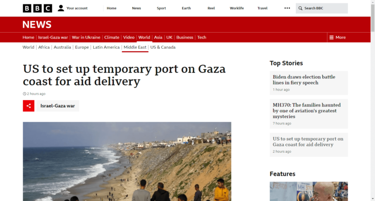 US to set up temporary port on Gaza coast for aid delivery