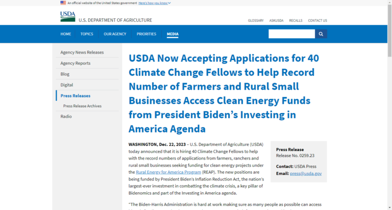 USDA Now Accepting Applications for 40 Climate Change Fellows to Help Record Number of Farmers and Rural Small Businesses Access Clean Energy Funds from President Biden’s Investing in America Agenda