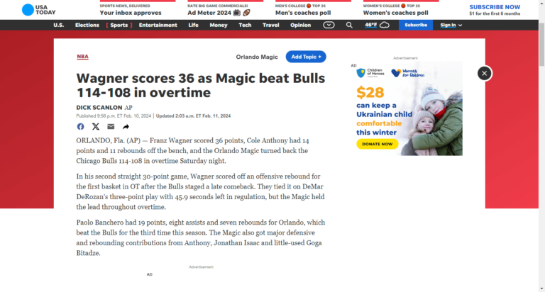 Wagner scores 36 as Magic beat Bulls 114-108 in overtime