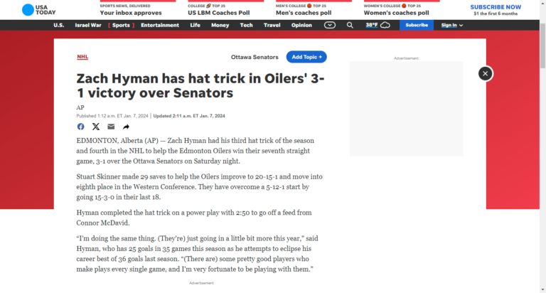 Zach Hyman has hat trick in Oilers’ 3-1 victory over Senators